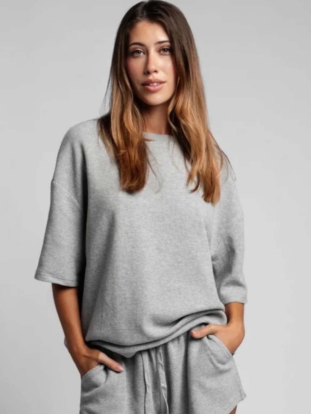 Comfrt Waffle Lounge Tee Unisex Medium Gray Oversized Relaxed Cozy Short Sleeve